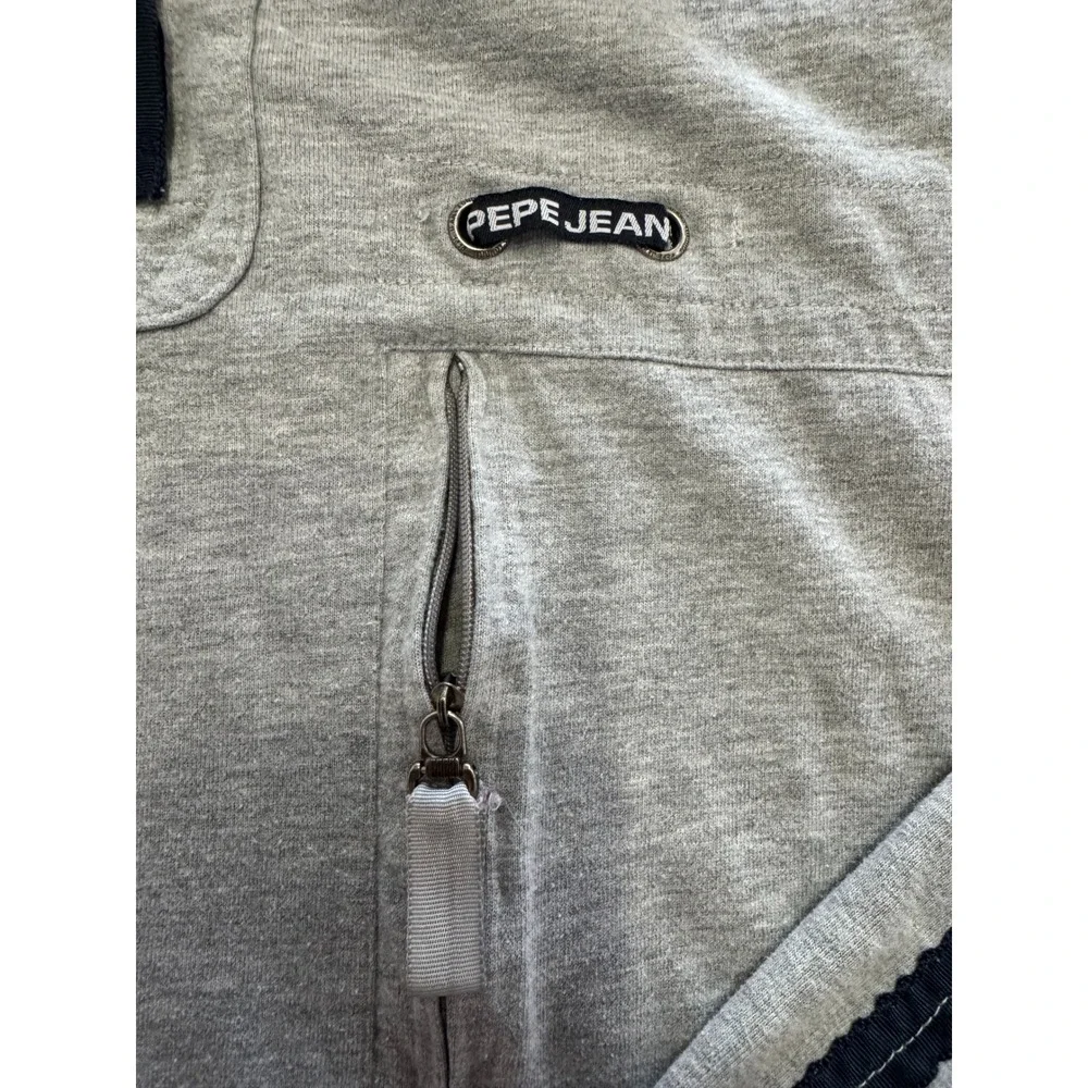 Pepe Jeans London Mens Large Gray Quarter Zip Pullover Stripe Sleeve Sweatshirt